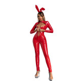 Sexy Open Crotch Women Patent Leather Bright Jumpsuit Sex Uniform 68039