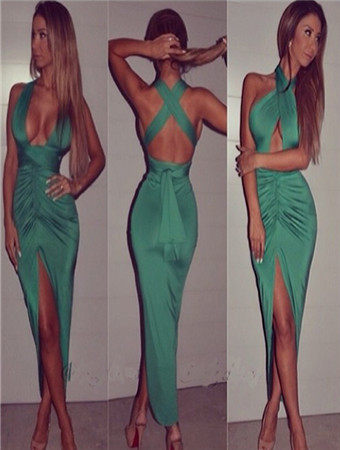 Green Front Keyhole Crossover Neck Bodycon Dress M30033c