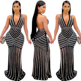 Sexy Deep V Backless Sequin Evening Ironed Drill See Through Long Party Dress X3816