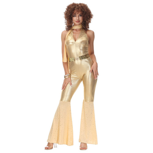 Women Gold Retro Hippie Costume Disco Dance Club Cosplay Costume MS5038