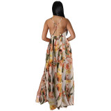 European And American Fashion Women's Print Halter Long Dress 9400