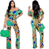 Summer Women Boho Casual Loose Ruffle Off Shoulder Jumpsuit M8605
