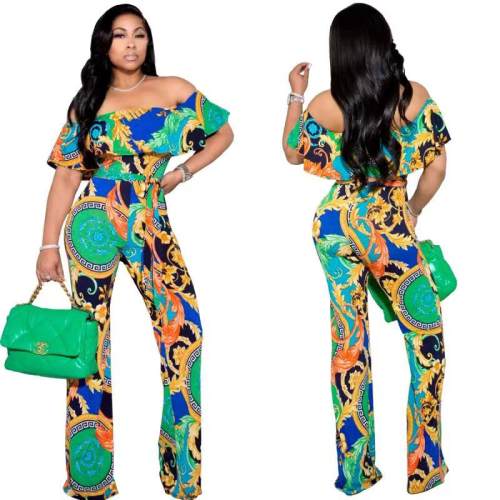 Summer Women Boho Casual Loose Ruffle Off Shoulder Jumpsuit M8605
