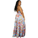 European And American Fashion Women's Print Halter Long Dress 9400
