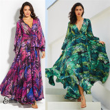 Summer long sleeve V-neck green leaf print maxi dress M8389