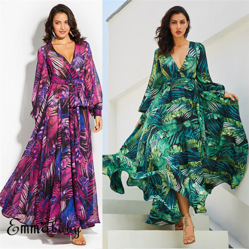 Summer long sleeve V-neck green leaf print maxi dress M8389