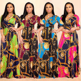 Women V-Neck Half Sleeves Chain Print Maxi Dress M8349
