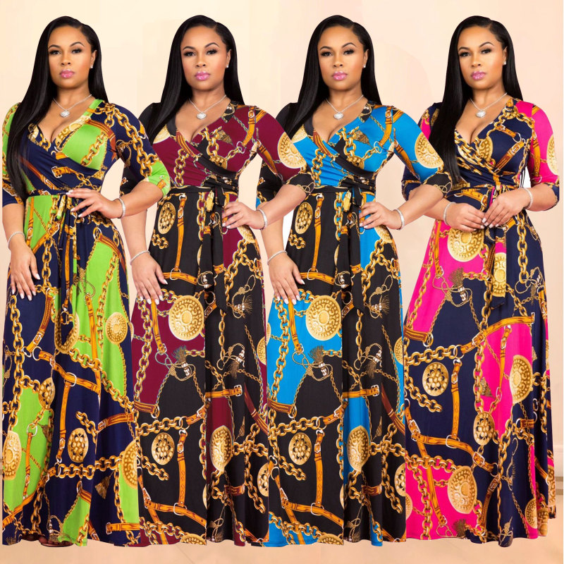 Women V-Neck Half Sleeves Chain Print Maxi Dress M8349