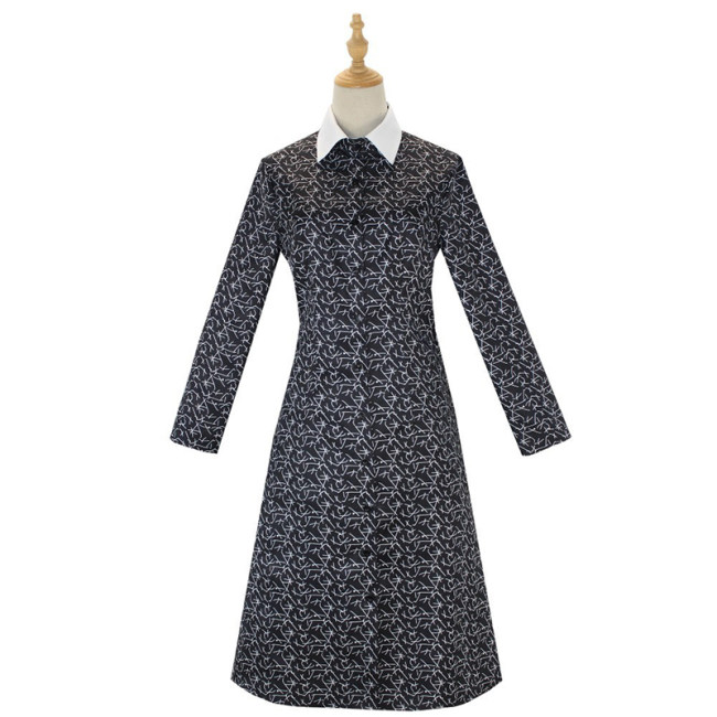 Halloween Wednesday Adams Family Costume Black Print Dress Cosplay YFZ411
