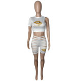 Cut Out Pants Women One Sleeve Crop Top Sexy Two Piece Set M062