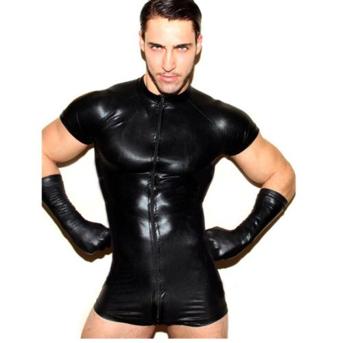 Mens Mesh Lingerie Bodysuits Sexy Catsuit Latex Stretch PVC Jumpsuit M6016