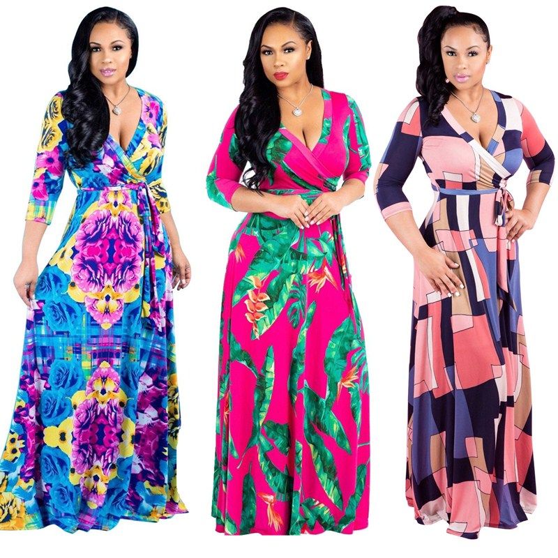 Plus Size Sexy Casual Robe Boho Party Club Long Maxi Dress Print Dress m8435