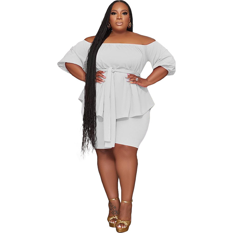 Solid Color Plus Size Women's Independent Stand One Shoulder Two Piece Set YM8627