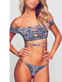 Europe fashion  a word shoulder printed bikini swimsuit sexy multi-rope 17071