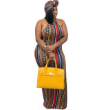 High Stretch Sexy Striped Bodycon Dress With Head Scarf M8288