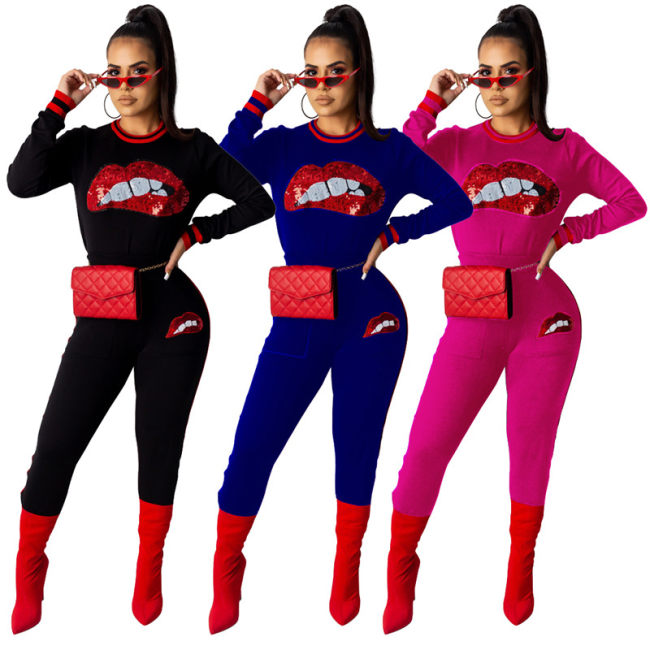 Fashion red lips 2 piece set women casual suit M8511