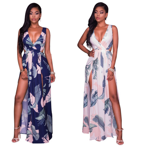 Lady summer maxi long dress Tie back Deep V neck slip up dress for women