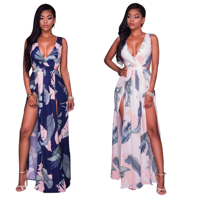 Lady summer maxi long dress Tie back Deep V neck slip up dress for women