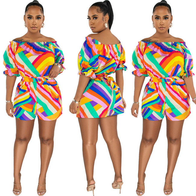 High Quality Women's Colorful Printed One Shoulder Loose Jumpsuit 9415