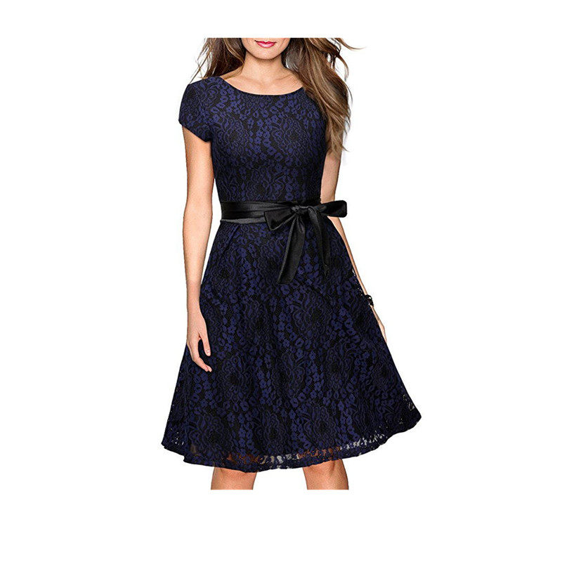 Summer Retro Design Rond Neck Lace Ladies Dress with Satin Belt M17874