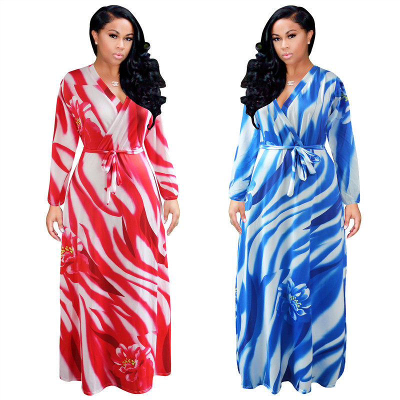 Big Size Summer Long Maxi Dress Print Beach Dress M8428