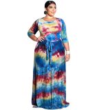 5XL 6XL Lady Elegant Sexy V Neck Floral Print Bandage Long Maxi Dress M9026