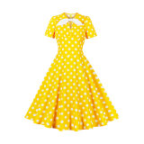 Hepburn Style Round Neck Bow Lace Up Polka Dot Retro Swing Dress Woman 5157