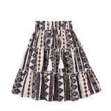 Boho Vacation Style Print Elastic Waist Skirt With Fringe Fashion Thin Skirt 230047