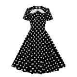 Hepburn Style Round Neck Bow Lace Up Polka Dot Retro Swing Dress Woman 5157