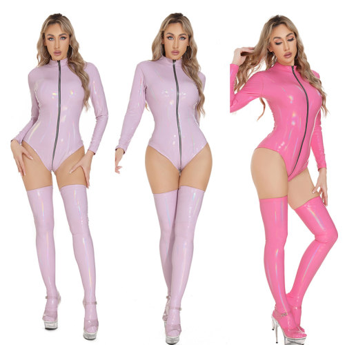 Women Sexy Zipper Jumpsuit Mirror Dazzling Open Crotch Bright Leather Bodysuit XX6916-1