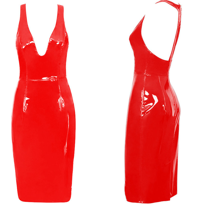 S-6XL Sexy Deep V Knee-Length Women Leather Dress M7311