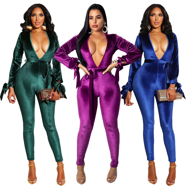 Sexy Jumpsuit Bandage V-neck long-sleeve Velvet sexy backless jumpsuit M8290