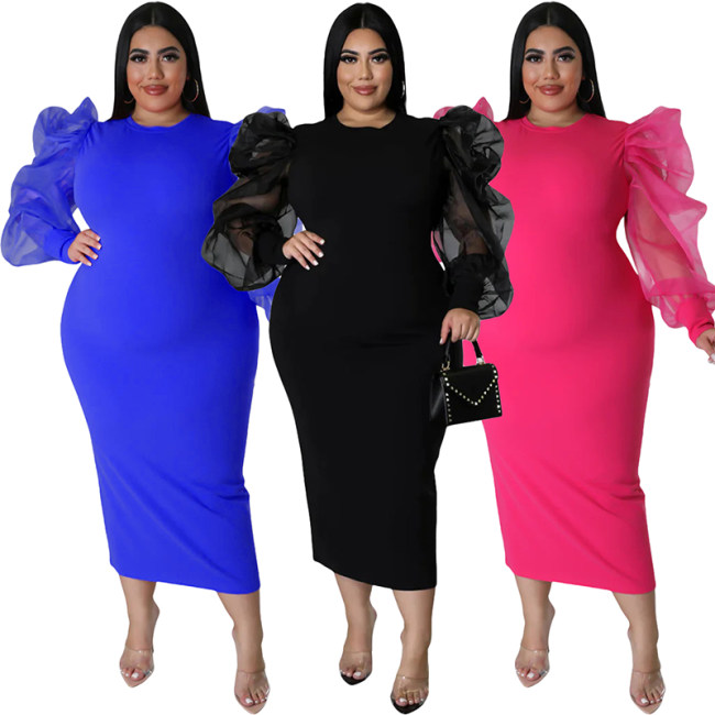 Sexy Women Solid Color Yarn Sleeve Plus Size Dress 9416