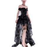 One Line Neckline Women Gauze Skirt  Shapewear Bone Dress Corset WK2277B