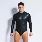 Erotic Underwear Panties Men Sexy Black Patent Leather Zipper Jumpsuit XX6668