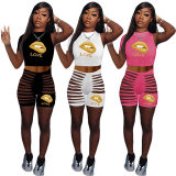Cut Out Pants Women One Sleeve Crop Top Sexy Two Piece Set M062