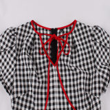 Women Retro Dress Black And White Check Belt Slimming Casual Dress 5039