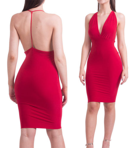 Red Open Back Bodycon Midi Dress M2341