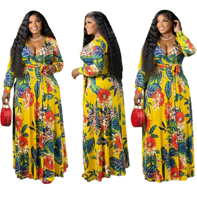 Women V-Neck Vintage Sexy Floral Halter Plus Size Casual Dress 86117