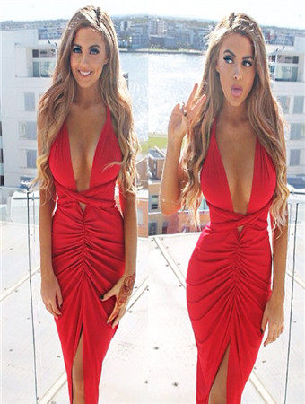Red Front Keyhole Crossover Neck Bodycon Dress M30033e