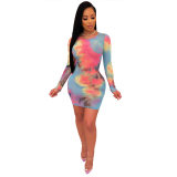 Women O Neck Long Sleeve Bandage Bodycon Mesh Dress M8359