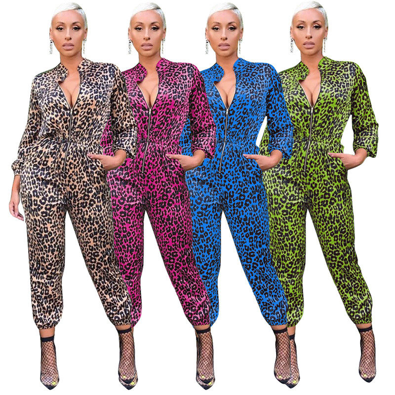 Full Sleeve Zipper V Neck Lady Sexy Leopard Jumpsuit M8474