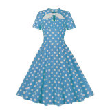 Hepburn Style Round Neck Bow Lace Up Polka Dot Retro Swing Dress Woman 5157