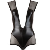 Women Sexy Deep V Leather Bodysuit Hollow-Out Mesh Lingerie  1119