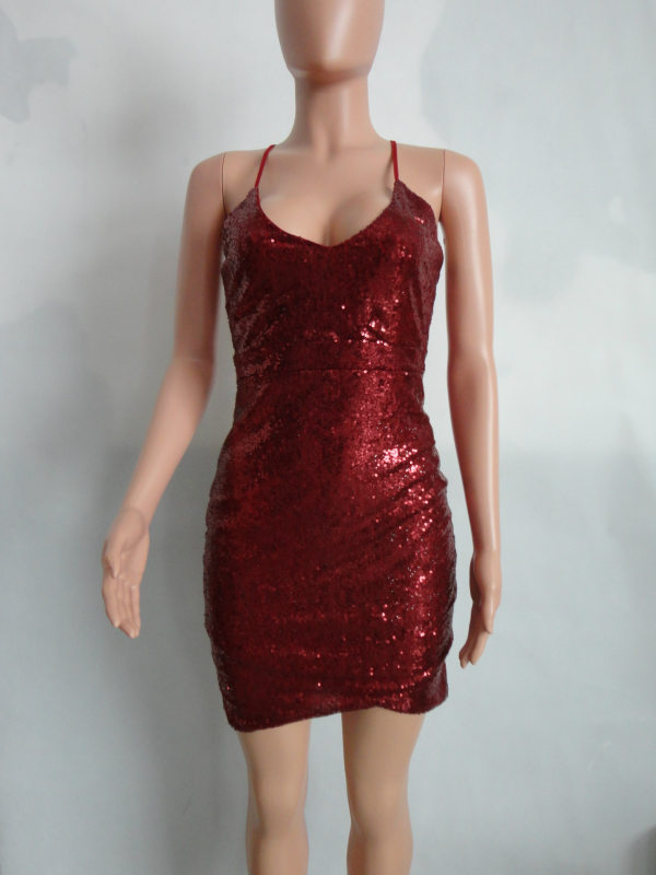 Ladies Deep V Neck Sequin Spaghetti Strap Bandage Dress M8088