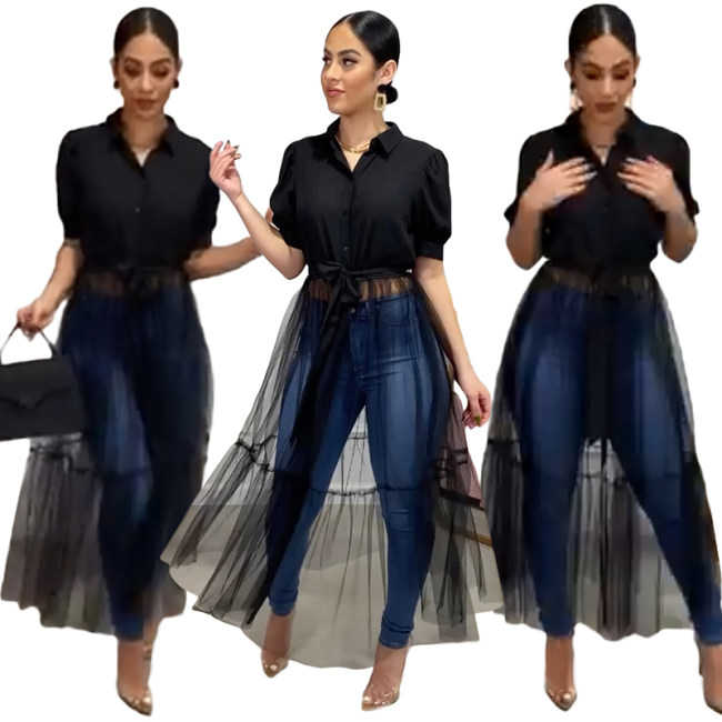 One Piece Stand Collar Women Sexy Shirt Midi Dress M8596