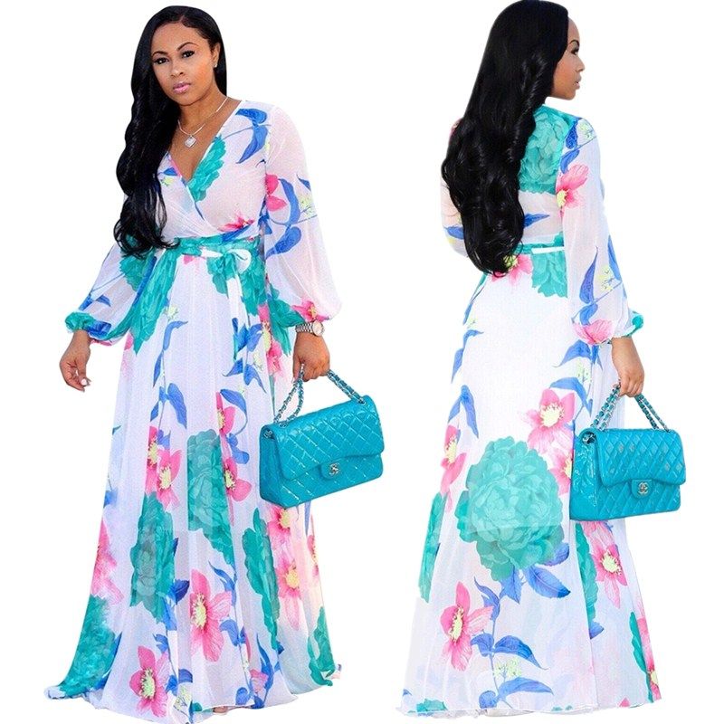 Women Maxi print dress long high quality Summer Beach Chiffon Party Dress M8214