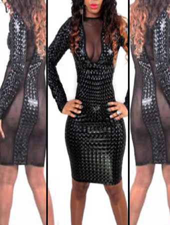 Black Unique Design Long Sleeves Bandage Bodycon Dress M3854