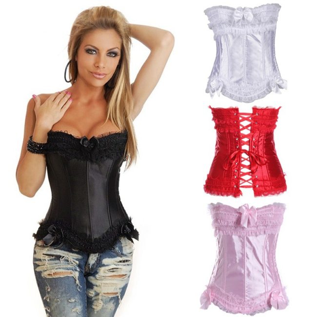 Lace Trim Bow Satin Corset Plus Size M1722A