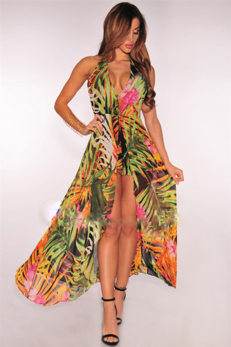 Women Summer Beach Print Floral Sexy Maxi Slip Dress Long Deep V Neck Halter Dress For Women